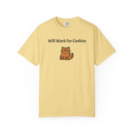 Will Work for Cookies Cat T-Shirt — Funny Cute Cat Graphic Tee